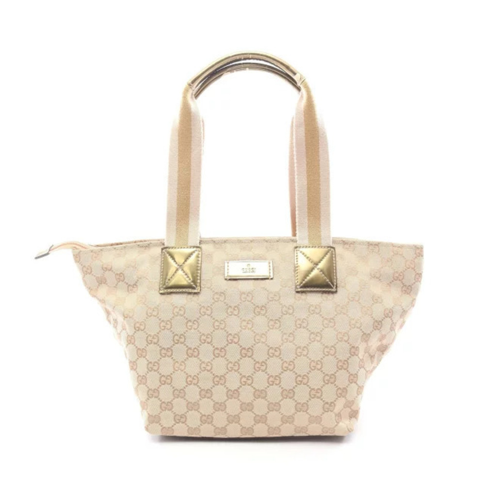 Gucci GG Canvas Tote Bag Patent Vernis Leather Beige Cream Gold Tone
